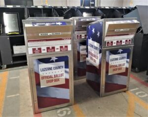 Luzerne County’s mailb0x-style drop boxes are stored with county voting equipment at the voter warehouse on Water Street in Wilkes-Barre. While a Hazleton drop box site is still not finalized, the county will have drop boxes for the Nov. 8 general election inside the county-owned Penn Place Building in downtown Wilkes-Barre and the Pittston Memorial Library, the Wright Township Volunteer Fire Department and Misericordia University in the Back Mountain.