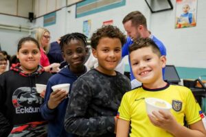 Kistler Elementary School students who participated in United Way of Wyoming Valley’s ‘Tag In Summer Reading Program’ were treated to ice cream on Oct. 5. From left: Elijah Matthew Marquez, Shawn Forbes, Robert Earl Hooker, and Charly Gerard Pacheco Suarez. 
                                 Submitted Photo