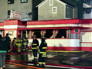 The former Flamingo Diner property, which was significantly damaged by fire in January 2020 as shown here, is among several Plymouth Township commercial structures slated for demolition as part of a flood buyout program.
                                 File photo