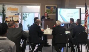 In a presentation themed “Luzerne County Works,” county Manager Romilda Crocamo highlighted a series of developments during last week’s Greater Hazleton Chamber of Commerce red carpet breakfast at the county Area Agency on Aging’s Hazleton Active Adult Center.
                                 Jennifer Learn-Andes|Times Leader