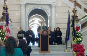 Luzerne County Court of Common Pleas Judge Stefanie J. Salavantis speaks Friday morning in the county courthouse rotunda after she was sworn in as the new President Judge.
                                 Jennifer Learn-Andes | Times Leader
