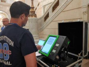 Luzerne County Council Chairman John Lombardo checks out one of four voting system options during Wednesdays demonstration in the county courthouse in Wilkes-Barre. County officials are reviewing options for 2026 because the maintenance and support contract with the current supplier, Dominion Voting System, expires at the end of this year. Council will eventually decide whether to buy or lease a new system or negotiate an extended support contract with Dominion. In addition to Dominion, three other vendors demonstrated their systems Wednesday: Clear Ballot Group Inc., Election Systems and Software (ES&S) and Hart InterCivic. County Election Director Emily Cook said she is working on tallying price comparisons because figures from the bid report were not all based on the exact same equipment and terms.
Jennifer Learn-Andes | Times Leader