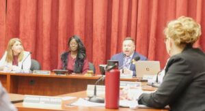 Luzerne County Councilman Jimmy Sabatino speaks moments after he was named the new council chairman Monday night. Also in the photo, from left, are Council members LeeAnn McDermott, Dawn Simmons, and Joanna Bryn Smith.
                                 Jennifer Learn-Andes | Times Leader